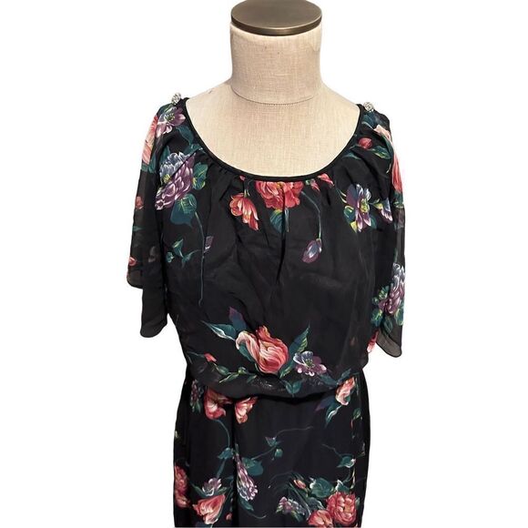 Vintage Blouson Style Black Semi Sheer Layered Floral Dress Rhinestone Size M - Picture 9 of 16